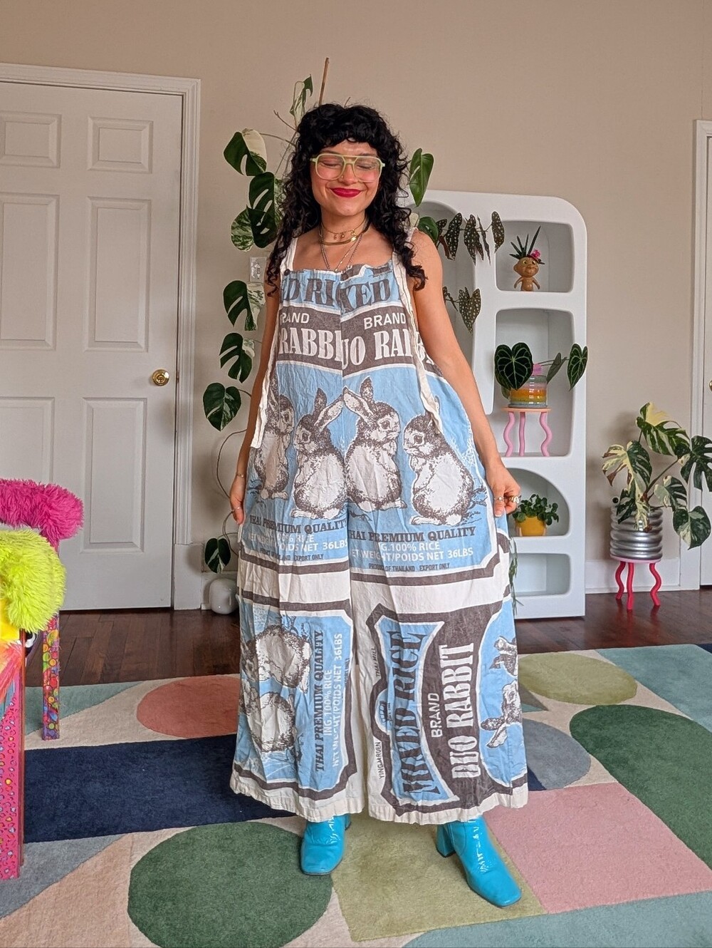 Vintage wide leg upcycled jumpsuit with rabbit designs